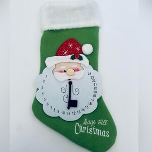 Green Felt Christmas Countdown Advent Santa Claus Stocking Clock Hands Move 19”
